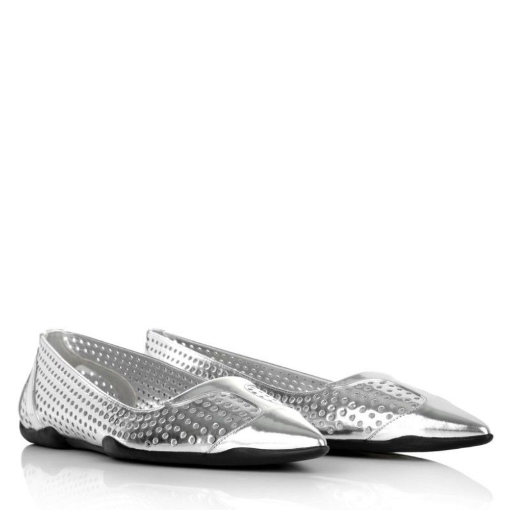 Prada Perforated Silver Leather Point Toe Flats